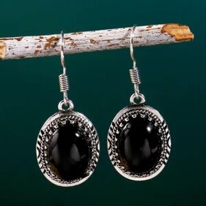 925 Sterling Silver Plated Black Synthetic Gemstone Drop Earrings
